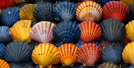 Colorful Scallops in Shades of Blue Orange Red and Yellow Arranged Closely - obrazy, fototapety, plakaty