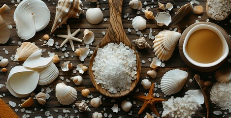 Seashells, Starfish, and Sea Salt Assortment on a Wooden Table with a Bowl of Oil