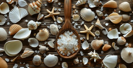 Wooden Spoon with Sea Salt, Seashells, and Starfish on Wood Surface - obrazy, fototapety, plakaty