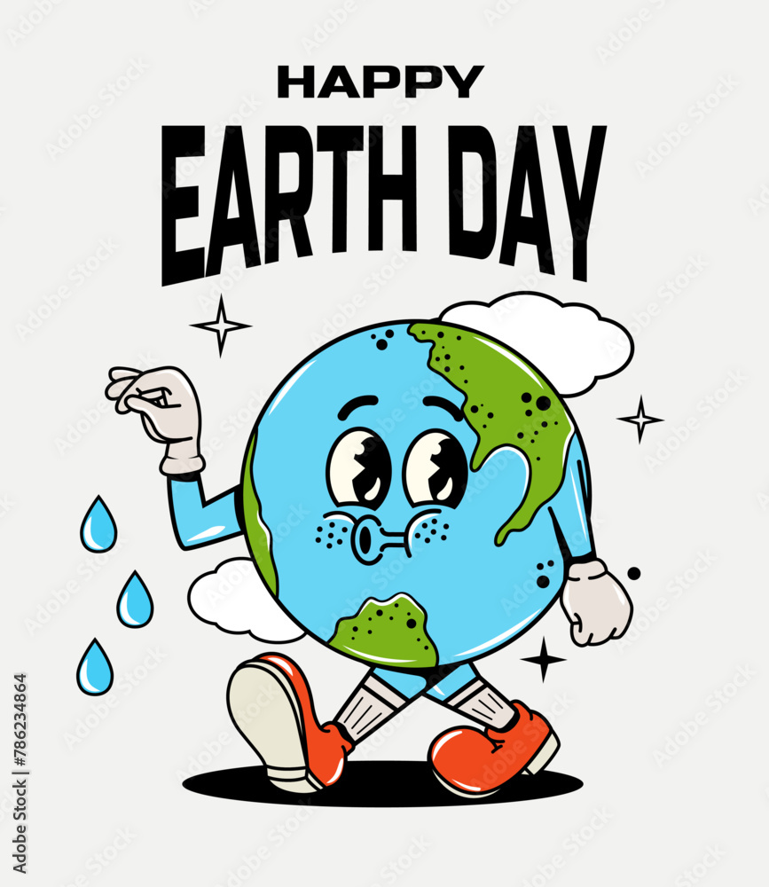 Poster character in groovy style. elements of y2k design. clouds. preserving the planet. earth day. vector 