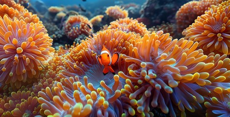 Naklejka na ściany i meble Clownfish and Sea Anemones in Underwater Tropical Scene