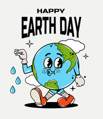 Character in groovy style. Elements of y2k design. Clouds. Preserving the planet. Earth Day. Vector illustration. Retro and hippie style. 70s, 80s, 90s. The planet is watering. Moisture and climate. 