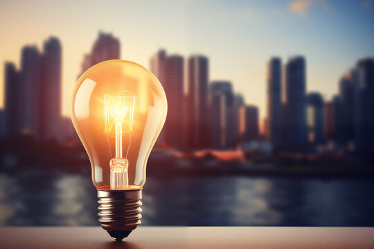 light bulb on a blurred city megapolis background, business idea concept