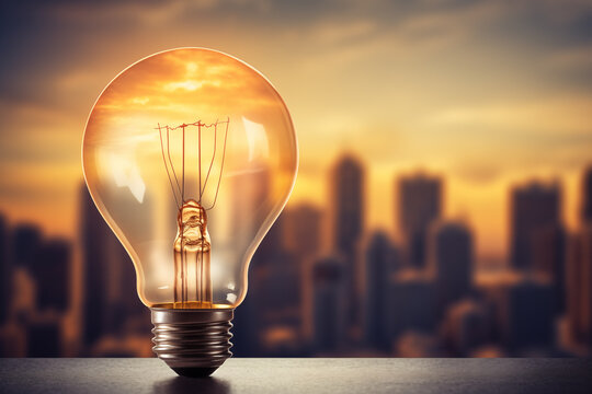 light bulb on a city megapolis background, business idea concept