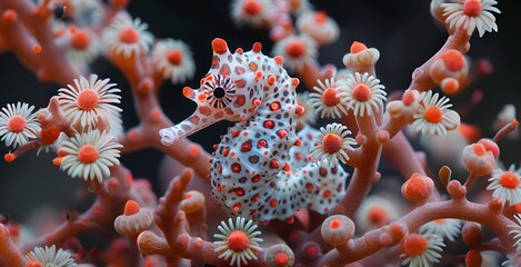 Close-Up Seahorse Camouflaged in Red and White Coral - obrazy, fototapety, plakaty