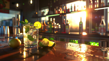 Mojito cocktail on bar counter - obrazy, fototapety, plakaty