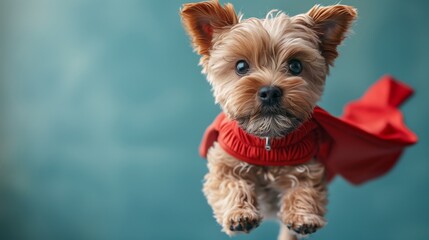 A toy dog in a red cape leaps playfully in the air