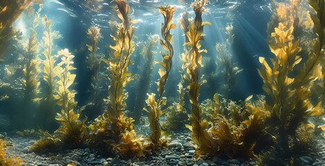 Naklejka na ściany i meble Underwater Kelp Forest with Sunlight Illumination