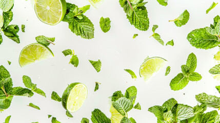 Flat lay, seamless background with mint sprigs and lime wedges, bright background