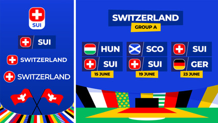 Switzerland football 2024 match versus set. National euro team flag 2024 and group stage championship match versus teams.