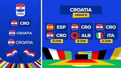 Croatia football 2024 match versus set. National euro team flag 2024 and group stage championship match versus teams.