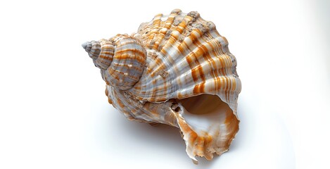 Large Brown and White Striped Spiral Seashell on White Background