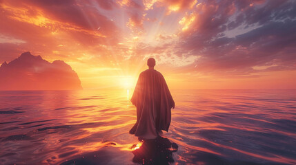 Jesus Christ walking on sea surface, spectacular sunrise light