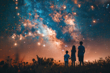 Obraz na płótnie Canvas Joyful family watching fireworks together on the 4th of July evening