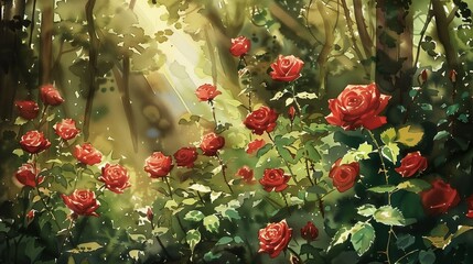 Nestled within a lush forest clearing, a breathtaking arrangement of scarlet roses blooms amidst verdant foliage. - obrazy, fototapety, plakaty