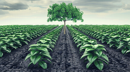 a tree growing in the center of a dry vs green field High quality photo - obrazy, fototapety, plakaty