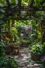 Fototapeta na wymiar Sustainable and Creative Outdoor Gardening Space: Inviting Wonder with Eclectic Flora