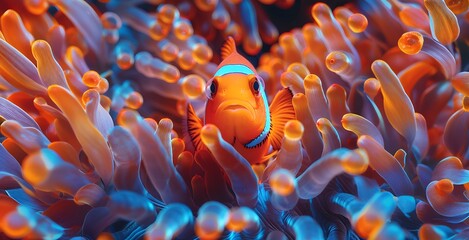 Orange Clownfish Nestled Amidst Vibrant Anemone Tentacles - obrazy, fototapety, plakaty
