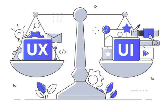 Scales balancing UX and UI elements and icons, line art, white background, concept of user experience and interface design balance. Simple style flat vector illustration