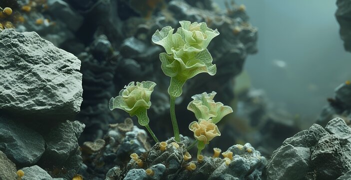 Three Greenish-Yellow Sea Lettuce Plants on Gray Rocky Seabed with Misty Underwater Background
