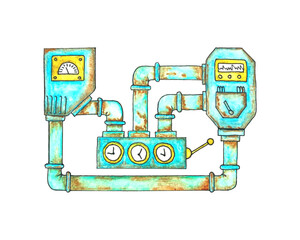 Power machine unit with rusty old dirty pipes in steampunk style, hand drawn watercolor drawing, doodles in steampunk style. Vector trace.