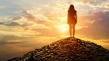Woman standing on pile of gold on top of a mountain, watching sunset - obrazy, fototapety, plakaty