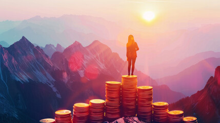 Woman standing on huge stack of golden coins, on top of a mountain - obrazy, fototapety, plakaty