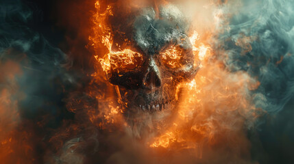 Human skull on fire, in smoke - obrazy, fototapety, plakaty