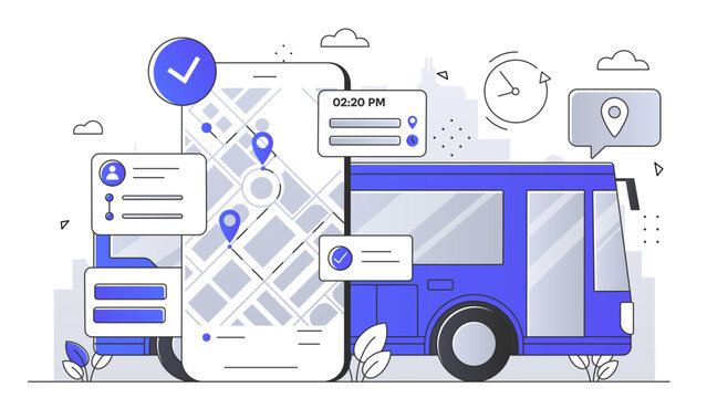 recommend clip art: Illustration of mobile tracking interface and bus, modern flat style, simple geometric background, concept of public transport management. Line art style creative modern vector illustration