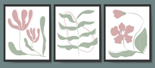 A set of different flowers, twigs, leaves hand-drawn. Set of abstract trendy floral. Modern boho art, minimalist botanical flower for print poster home interior decor.