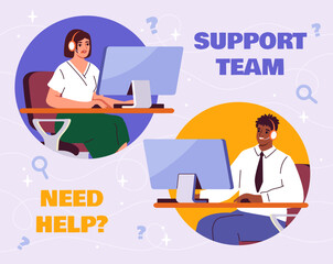 Customer service representatives at computers, flat illustration, abstract background, concept of support team assistance. Flat cartoon vector illustration