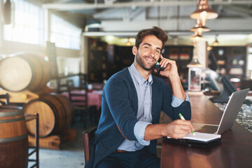 Business owner, restaurant and portrait of man with phone call for planning, communication or info. Male person, pub and notebook with technology for inventory, stock update or feedback from supplier - obrazy, fototapety, plakaty