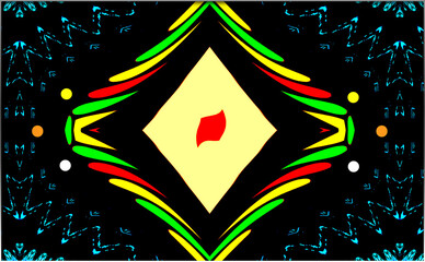 Abstract, vivid composition with symmetrical patterns, showcasing a dominant red form encircled by green, yellow, and red highlights against a yellow square background.