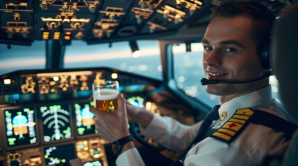 Grotesque image of a commercial pilot drinking beer in flight - obrazy, fototapety, plakaty