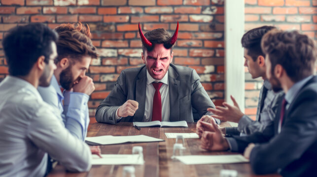 Corporate boss as a devil - symbol of anger and greed