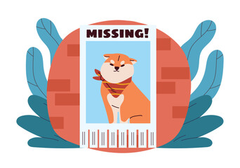 Vector illustration of a Missing dog poster with a cartoon dog, on a red and blue background, concept of lost pet