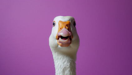 Goose head close-up against a purple background. Humorous and expressive waterfowl portrait with copy space. Poultry farming and domestic birds concept for design and print. - obrazy, fototapety, plakaty