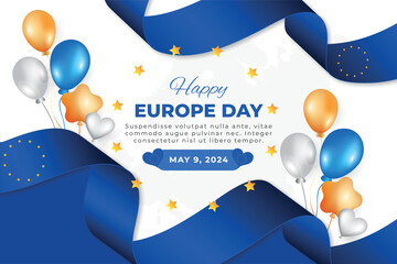 Realistic Europe Day background, 9th May. Happy Europe independence day realistic background with map, balloons and flag