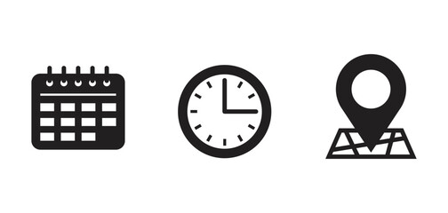 Time, date and address icons set, monochrome style