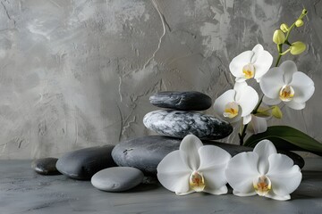 A table with white orchids and spa stones against a backdrop of nature. Superior resolution image, Orchid and polished stones: organic red elegance,Orchids and white towels in the spa area	