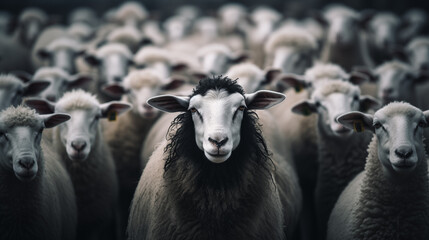 Black Sheep with White Face Standing Boldly Among White Flock - obrazy, fototapety, plakaty
