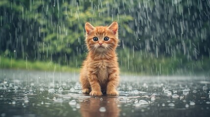 Lonely stray kitten in the rain seeking pet rescue, adoption, shelter, and charity assistance - obrazy, fototapety, plakaty