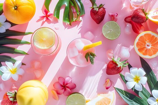 vibrant summertime flatlay including tropical fruits, sunglasses, and sunscreen Stunningly detailed, vibrant summer background with the greatest composition, top perspective, high resolution, 