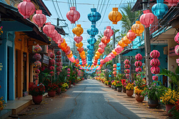 Fototapeta na wymiar Colorful decorations adorning homes and streets for the Sinhala New Year festivities