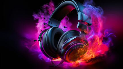 Fototapeta na wymiar Dynamic Headphones in Black with Fiery Red Swirls and Purple Mist