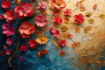 Oil paintings of abstract flowers and leaves. Sprinkled paint on smooth paper