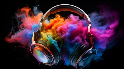 Sleek Golden Headphones Amidst a Colorful Cloud