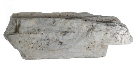 Crystal mineral spodumene. Commercially mined source of lithium (Li). White background. Copy space.