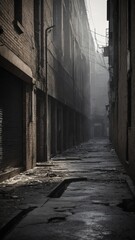 Narrow, desolate alleyway captured, where remnants of human activity now replaced by eerie silence. Buildings on either side loom tall, their darkened windows, closed shutters suggesting abandonment.