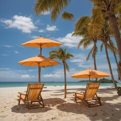 Two wooden lounge chairs with orange, white stripes find place under shade of matching orange umbrellas on sandy beach. This tranquil scene unfolds under clear blue sky, lightly adorned with soft.